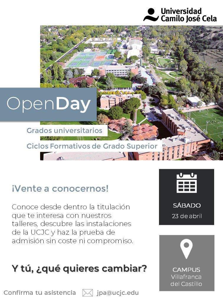 Nos vemos este sábado en el #opendayUCJC 😉 Apúntate en el email para conocer desde dentro nuestras titulaciones 👇🏼