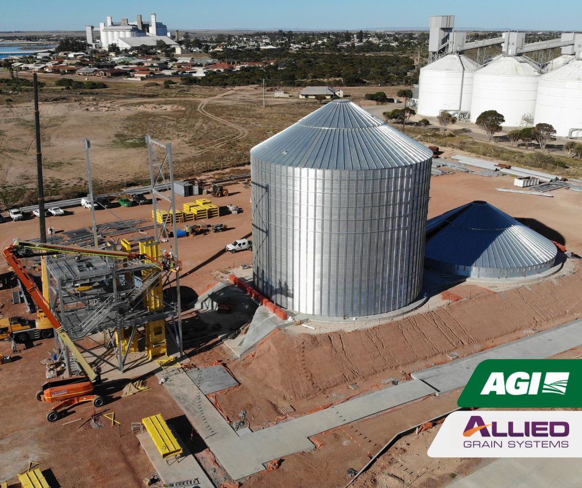 AlliedGrain's tweet photo. HOW EXCITING! 🍾
The first first 10,000T silo has been erected at @TPortsAus 💪
PLUS the beginnings of the second 10,000T silo! It's all happen in Wallaroo, SA.
#AlliedGrainSystems #GrainStorageSolutions #GrainHandlingSolutions #AGI AGI #TPorts #Wallaroo #SouthAustralia https://t.co/YNqd1GGtwe