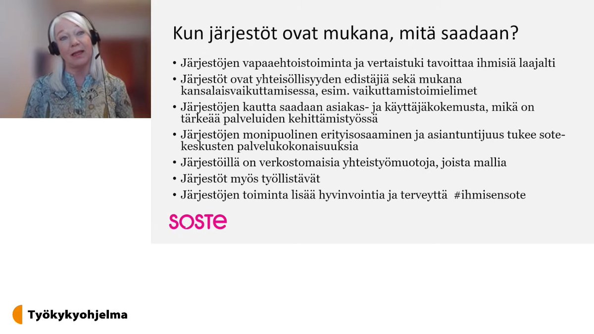 Järjestöjen sote-muutostuen hankepäällikkö @HahlWeckstrom @SOSTE10 tiivisti @Tyokykyohjelma​n seminaarissa, millaista lisäarvoa #järjestöt tuovat esimerkiksi hyvinvoinnin ja terveyden edistämiseen, työllistämiseen ja palveluiden kehittämiseen.

#työllisyys #työkykyohjelma #hyte