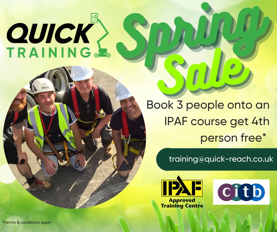 Renew your PAL cards and get your team ready for a busy Summer!

We are CITB approved for our range of IPAF courses 

0161 789 5600
training@quick-reach.co.uk
quick-reach.co.uk/training

#IPAF #construction #training #workingatheight #poweredaccess #sale