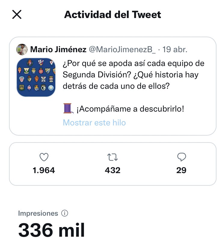 MarioJimenezB_'s tweet photo. 😲 ¡ESTÁIS LOCOS! 

 +330.000 impresiones el hilo sobre los apodos de los equipos de LaLiga SmartBank. ¡Habrá muchos más! 🤩

Aquí os lo dejo por si no lo habéis leído y os apetece hacerlo. ¡Muchas gracias! https://t.co/aW9jFLk6y2