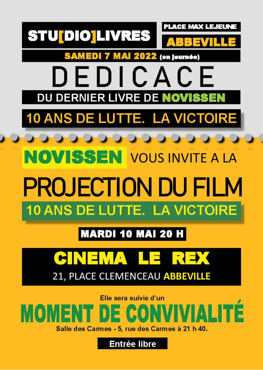 novissen's tweet photo. NOVISSEN propose :
Le Samedi 7 mai de 10h à 12h et de 14h à 18h
La dédicace du livre "Novissen 10 ans de lutte et la victoire"

à la librairie STUDIO LIVRES : Place Max Lejeune ABBEVILLE

avec les présidents successifs : M. KFOURY, F. CHASTAGNER et notre dessinateur B. DUFOUR. https://t.co/eODXuP30em