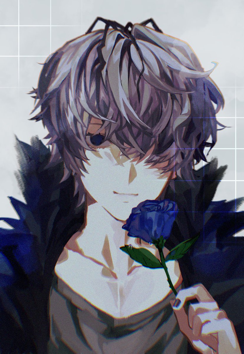 garry (ib) 1boy flower male focus blue flower solo blue rose holding  illustration images