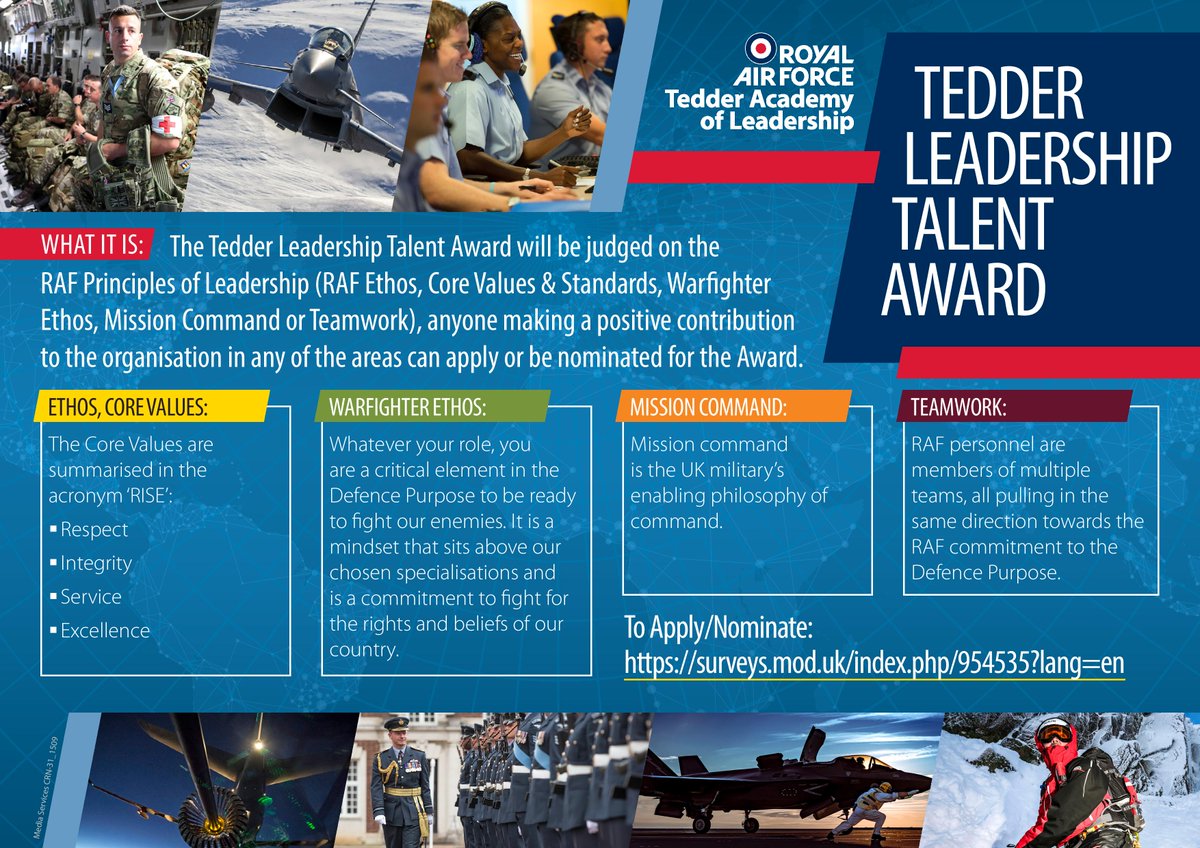 Do you know someone in the #RoyalAirForce who deserves a reward for their #leadership skills? You can nominate anyone for the #TLTaward (even yourself!) from the Whole Force; Regulars, Reserves, Civilians and Contractors. #CASLC22