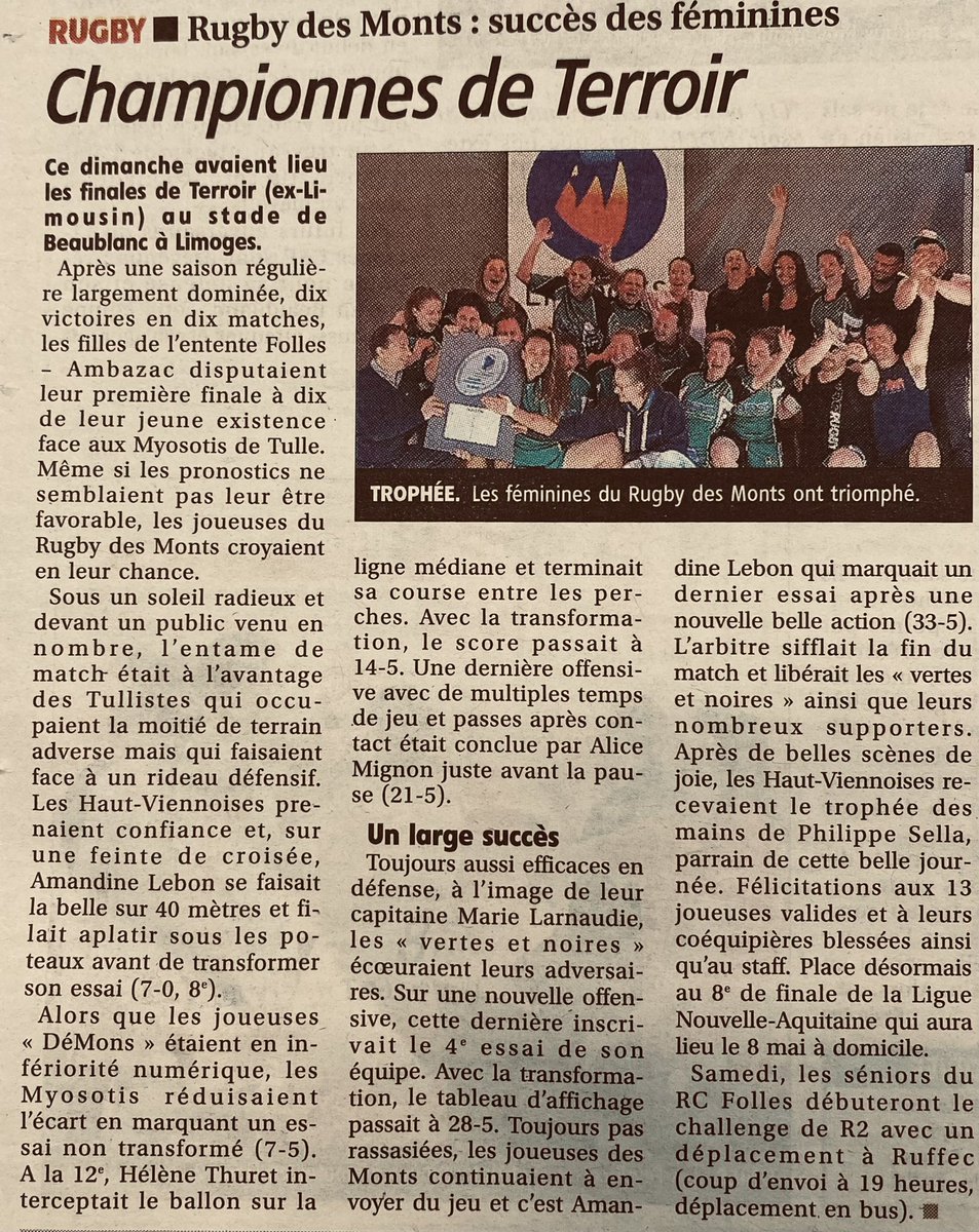 🥇Elles l’ont fait ! 🏆 Championnes des Finales de Terroir (Limousin), elles filent en 8eme de Finale Ligue Nouvelle-Aquitaine de Rugby ! À lire dans @LePopu_TDS de ce jour ! #championnes #rugbydesmonts #nouvelleaquitaine #rugby #beaublanc #finales #bravo !