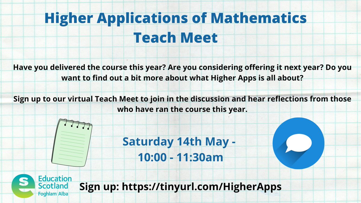 edscot_maths's tweet photo. 📢 Higher Apps - Teach Meet 📢

Sign up to join in the discussion about all things Higher Apps and hear reflections from those in our regional working groups who have ran the course this year. https://t.co/x4wluGDokT https://t.co/Aj7BANKW0w