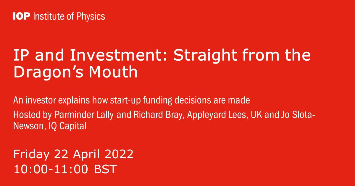 PhysicsNews's tweet photo. If you're a #physics-based start-up or #tech entrepreneur, register for our webinar, where Jo Slota-Newson (@IQ_Capital_Fund), and Parminder Lally &amp; Richard Bray (@AppleyardLees) will explore how to get investors to invest in your #business: https://t.co/uPwY8kXh3G #IOPBusiness https://t.co/15qrBn1bBp