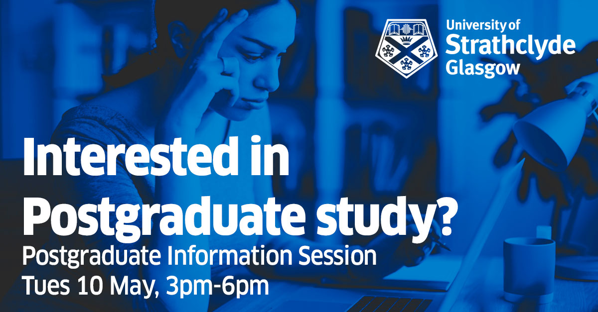 UniStrathclyde's tweet image. 👀 Have you registered for our Postgraduate Information Session yet?

Taking place on Tuesday 10 May 2022 from 3pm-6pm. 

Sign up today! ⬇️
strath.ac.uk/studywithus/pg…