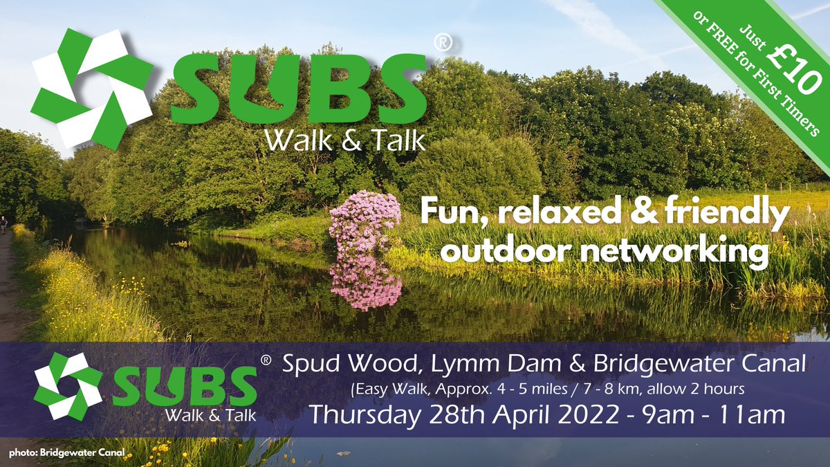 SUBS Walk &amp; Talk is a fun, relaxed and friendly networking outdoor event. This walk will be round Lymm Dam and along the Bridgewater Canal this coming Thursday, 28 April.

Meeting point: Spud Wood car park, on Stage Lane, Lymm, WA13 9JP at 9am.

Book here: eventbrite.co.uk/e/262965806807
