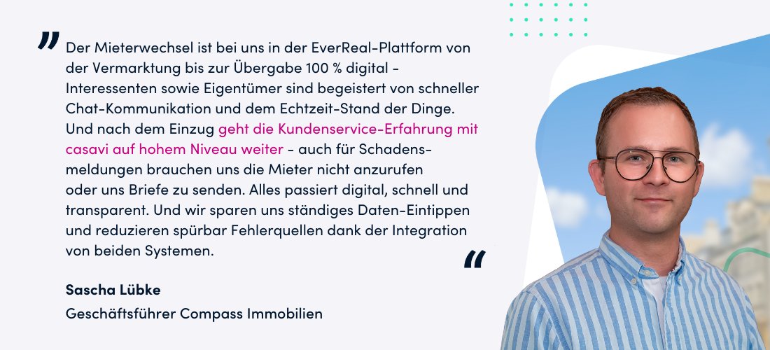 Compass Immobilien GmbH nutzt das schon erfolgreich! 👍
Und wann automatisieren Sie Ihre Routine bei Vermietung, Verkauf und Verwaltung? 

Noch mehr über die EverReal >< casavi Schnittstelle erfahren Sie in unserem Blog-Beitrag 👉 de.everreal.co/blog/holistic-…