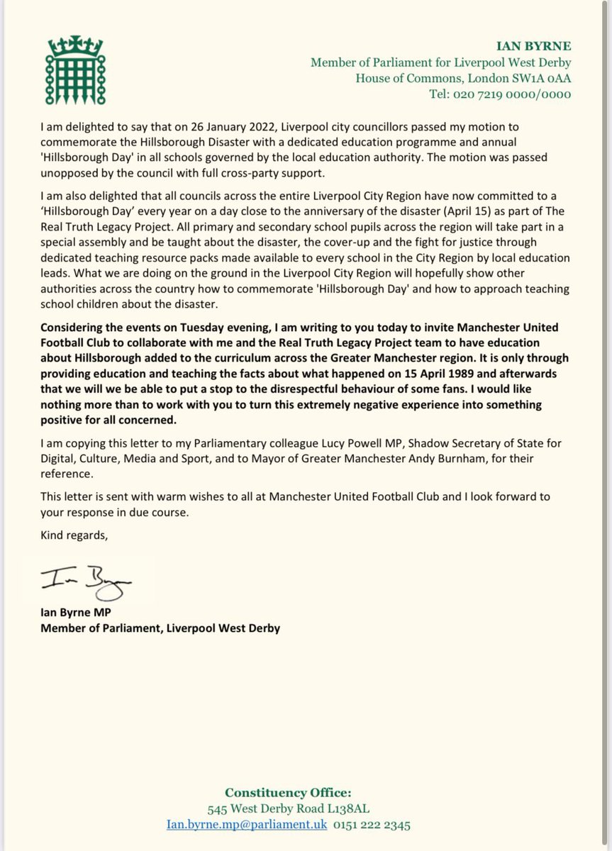 Hillsborough families and survivors should not have to listen to vile chants that “the S*n was right” and we are “murderers”. It’s not banter and proves why education about Hillsborough is vital. 
Today I invited @ManUtd to back the #TheRealTruthLegacyProject #JFT97