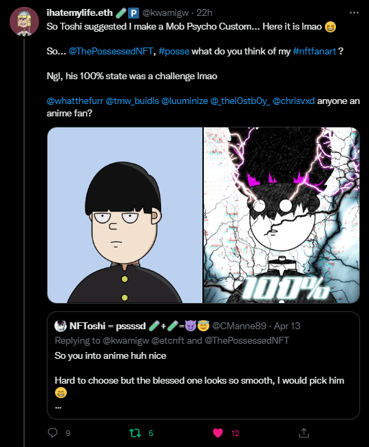 xgarOfficial's tweet photo. Exploring the #posse-bilities: 

Yesterday, I saw @kwamigw's fan art of Mob Psycho. I was truly impressed and I'm a big fan of anime. 

So we ended up doing a collab, We both enjoyed the time and we both learned a lot. Absolutely thrilled with the outcome.  1/2 https://t.co/otD3rUiSGq