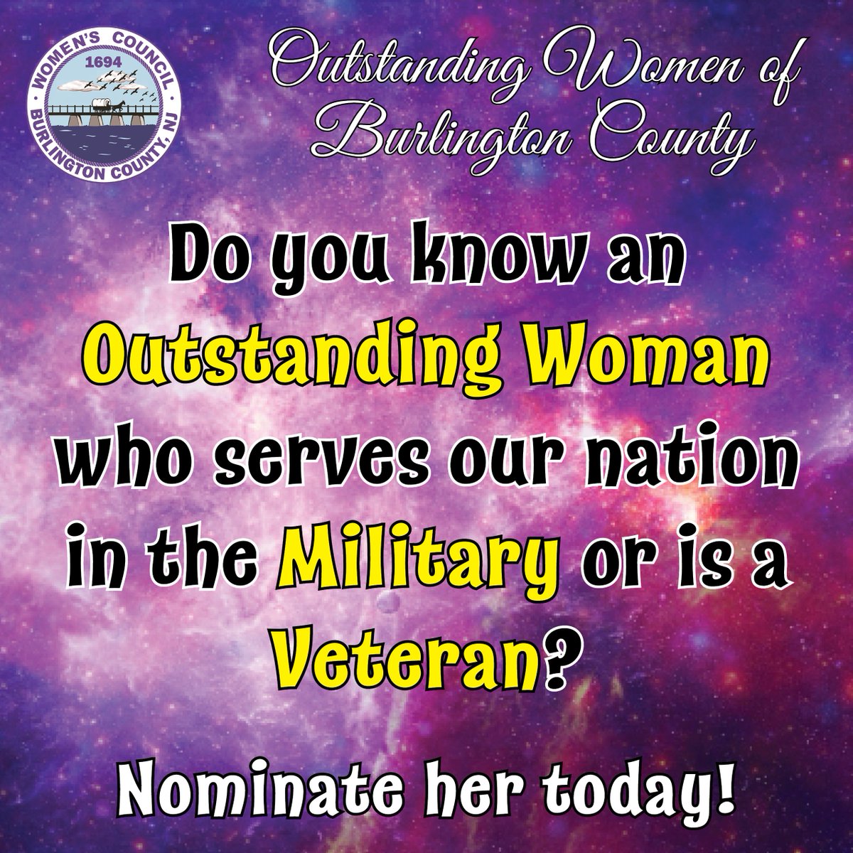 BurlCoWomen's tweet photo. The Council is accepting nominations for the 2022 Outstanding Women of Burlington County Awards! Do you know a woman who serves our nation or is a Veteran? Nominate her to be recognized! Learn more or obtain a nomination form: https://t.co/anE3UvblD4 https://t.co/UYIVZIaFKD