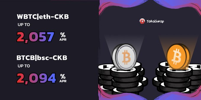 yokai_support's tweet photo. @DefiKingdoms 🚀#YokaiSwap #APR Snapshot🚀
🔥$WBTC/ $CKB up to 2057%
🔥$BTCB/ $CKB up to 2094%
Farm &amp; earn $YOK on https://t.co/Yr8A6cFPhT! https://t.co/ilK3ior24d