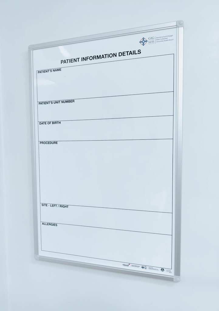 Hughbot1's tweet photo. Patient detail boards are going up in all our Theatres within YMH, as an additional safety tool. These will aid the WHO checklist, reducing risk further for patients under our care 💙🏥 #whochecklist #patientsafety #afpp #theatres https://t.co/kfrmeXyxNU