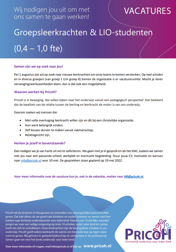 Vacature groepsleerkrachten &amp; LIO-studenten