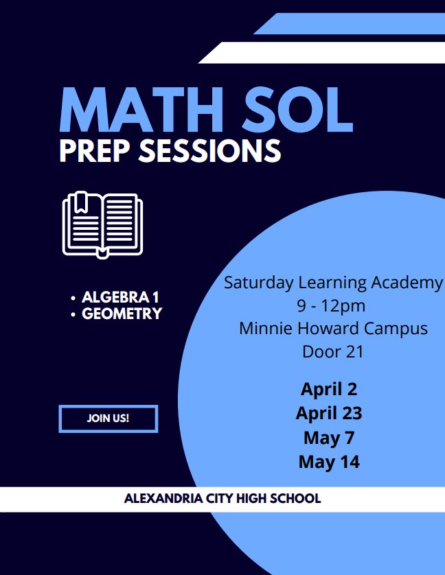 ACHS_MathDept's tweet photo. Join us this Saturday! ⁦@AlexCityTitans⁩ ⁦@ACMinnieHoward⁩ ⁦@IntlAcademyACHS⁩ ⁦@ACSatellite⁩ https://t.co/WqY1oXGEhJ