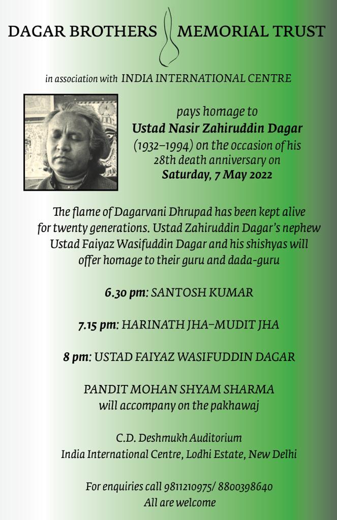 dagarvani's tweet photo. Mark your calendar 
Saturday, 7-May-2022, 6.30 pm onwards
@DhrupadSociety @WasifuddinDagar https://t.co/LU9vlmRZs9
