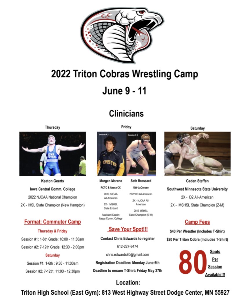Cobra_Mat_Rats's tweet photo. 🚨Summer Wrestling Camp Opportunity🚨

📍Triton High School (Dodge Center, MN)
📅 June 9th-11th https://t.co/MB07RvxuWS