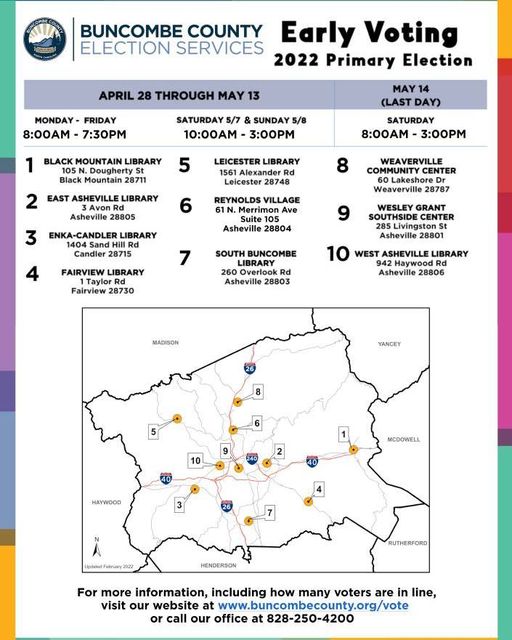 BuncombeCoVotes's tweet photo. Early voting starts in one week! 

There will be 10 sites in the county and voters can register AND vote at any location. 

Questions? Call us at 828-250-4200.

#EarlyVoting #Primary2022 #Vote https://t.co/qg9fJrKfPP