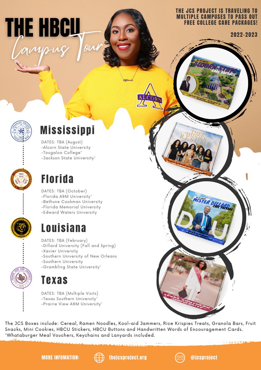 JCSproject's tweet image. The JCS Project is excited to announce our Official 2022-2023 HBCU Campus Tour! 

We are driving from Texas to Louisiana, Mississippi and Florida to pass out 100 Free College Care Packages at each location.  thejcsproject.org/hbcu-tour. #HBCU