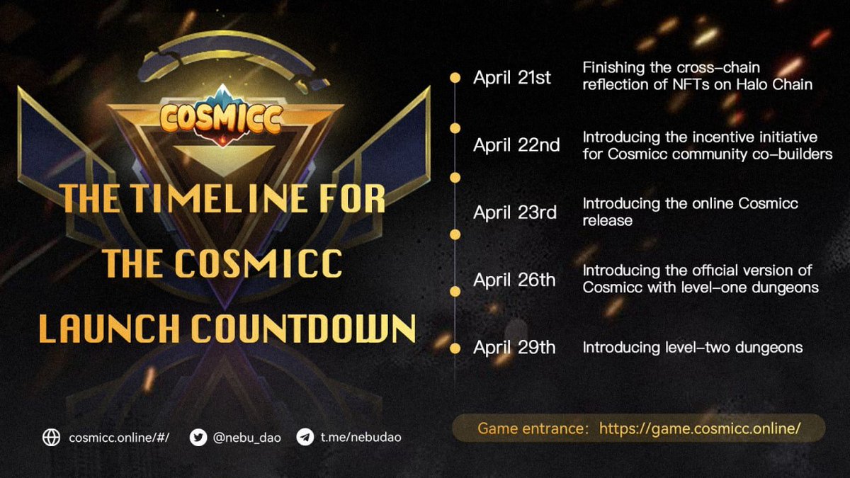 cosmicc_gamefi's tweet photo. π₯ April 26th, #Cosmicc is coming! And we'll be kicking off a series of Launch Day celebrations, so stay tuned! π€©
π https://t.co/zOl3BRuqpp
#NebuDAO #Metaverse #GameFi #P2E https://t.co/C9Ws76kM7z
