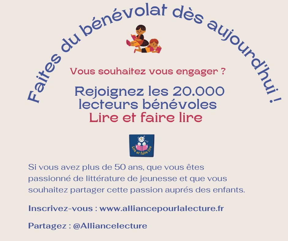 Faites du bénévolat dès aujourd'hui !

Rejoignez les 20.000 lecteurs bénévoles <a href="/lireetfairelire/">Lire et faire lire</a>
 
Pour vous inscrire rendez-vous ici : alliancepourlalecture.fr/appel_a_benevo…

La lecture est un droit fondamental
#AllianceLecture #LectureGrandeCause