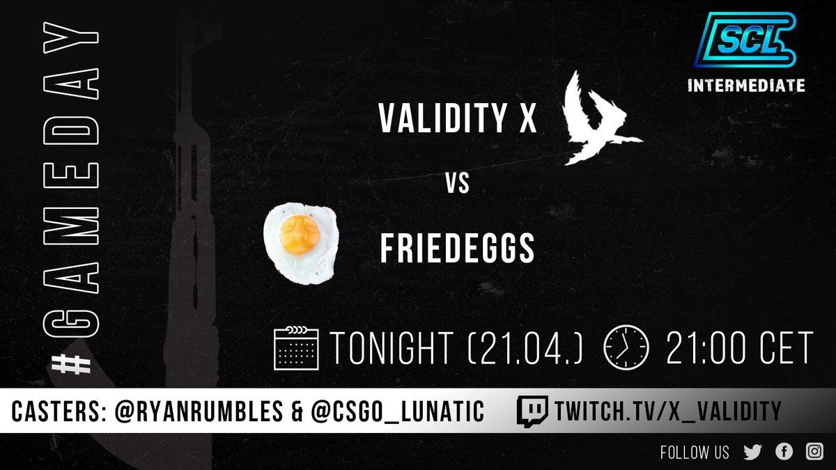 Hey guys!💪Tonight we will take on 🇬🇧 FriedEggs on <a href="/scleague_net/">SCL.GG</a> IM Division! Come join us on our livestream tonight! 
⌚️21:00 CET
 📍Inferno
📺twitch.tv/x_validity
🎙️ @RyanRumbles  &amp; @csgo_lunatic 🔥
 #GoValidity