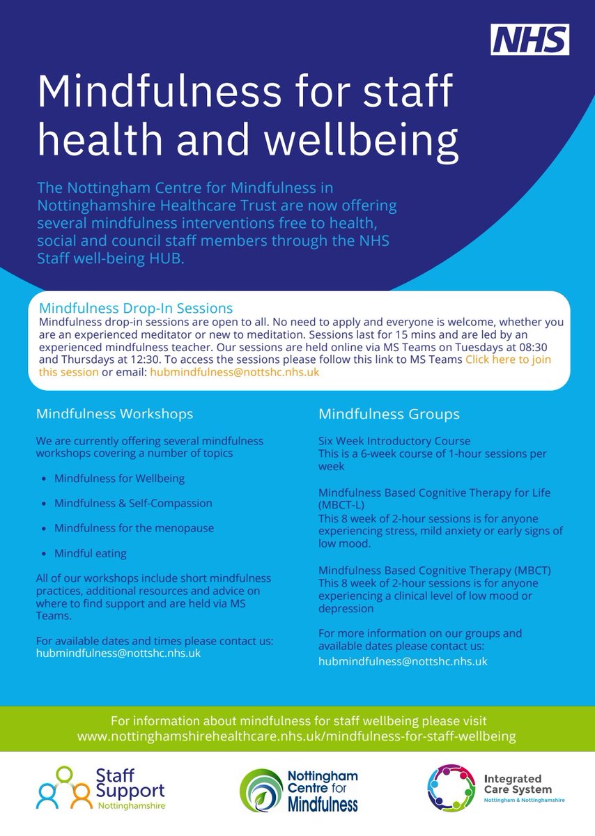 📢 NEW WORKSHOPS  

- Mindful Eating - Thursday 30th June 10am-12pm

- Mindfulness for the Menopause - Thursday 28th July 10am-12pm

Book your place by emailing us 📧 hubmindfulness@nottshc.nhs.uk