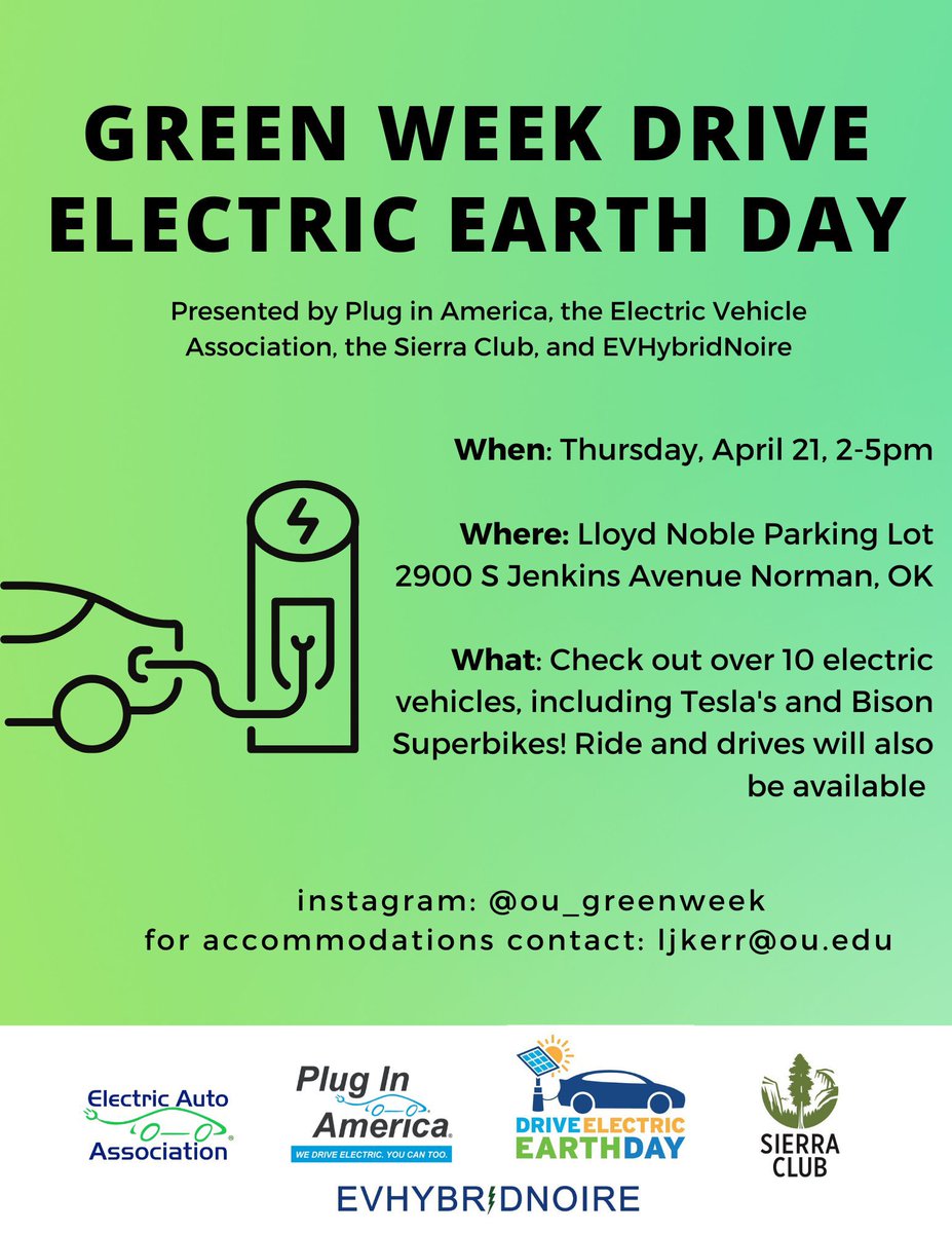 Our Drive Electric Earth Day Event is TODAY!! 2-5PM SW corner of the Lloyd Noble Center. Come see over 20 electric vehicles and learn about sustainable transportation in Oklahoma!! #DEED2022