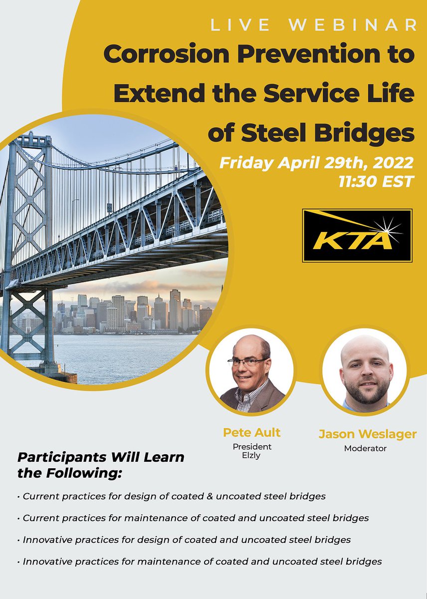 Join KTA's Pete Ault on April 29th as he presents a webinar on techniques to extend the service life of steel bridges! Register here ---> event.webinarjam.com/register/206/9…
