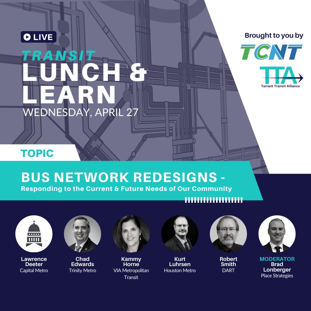 YOU ARE RUNNING OUT OF TIME TO ATTEND THE TRANSIT LUNCH &amp; LEARN NEXT WEEK! Make sure to RSVP at l8r.it/lEk8 by Wednesday, April 27. 

#BusSystemRedesign #NorthTexas #TarrantCounty #Transit  #TransitExperts #TransitRiders #TransitAgency #Metros #Webinar