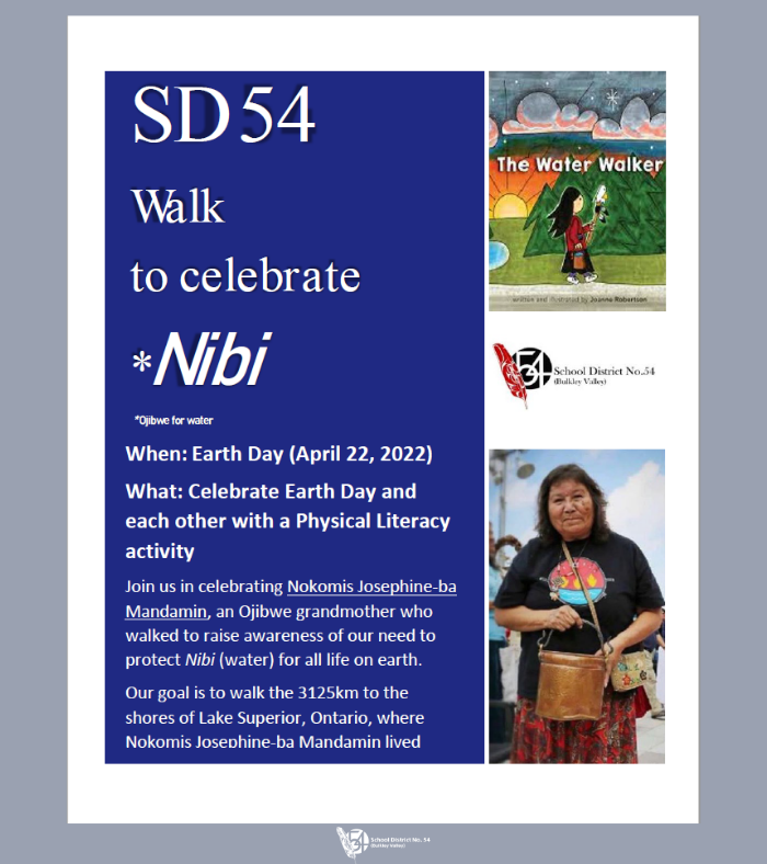sd54BV's tweet photo. This Friday, April 22, is Earth Day! 🌎

SD54 is hosting a walk to celebrate Nokomis Josephine-ba Mandamin, an Ojibwe grandmother who walked around all the great lakes to raise awareness of our need to protect Nibi (water). 

Join us in our goal to walk 3125 km to Lake Superior! https://t.co/I1pDiM8n9H