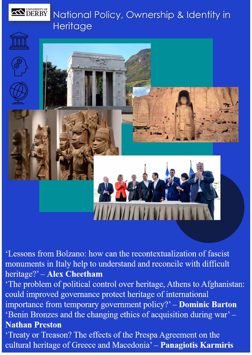derbysymposium's tweet photo. Check-out the schedule &amp; papers for Panel 2 of our symposium on Wed 27 April: 
Panel 2: National Policy, Ownership and Identity in Heritage:
16:15-17:15
Paper details shown below
DM for invitation &amp; links to papers 
#GlobalHeritageSymposium
#UoD
#AcademicTwitter
#twitterstorians https://t.co/qH2pI5vwRS