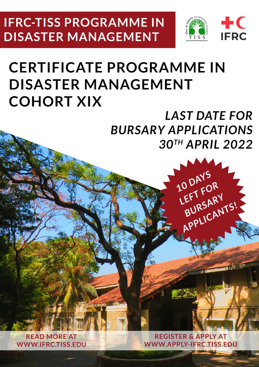 TissDMCourse's tweet photo. 10 DAYS TO GO FOR BURSARY APPLICATIONS!!!

To apply go to https://t.co/ixlhFe3MGk

#IFRCTISS #COHORT19 #APPLICATIONS #LIVE #DISASTERMANAGEMENT #CERTIFICATECOURSE #IFRC #TISS https://t.co/hnYMuX7qLB