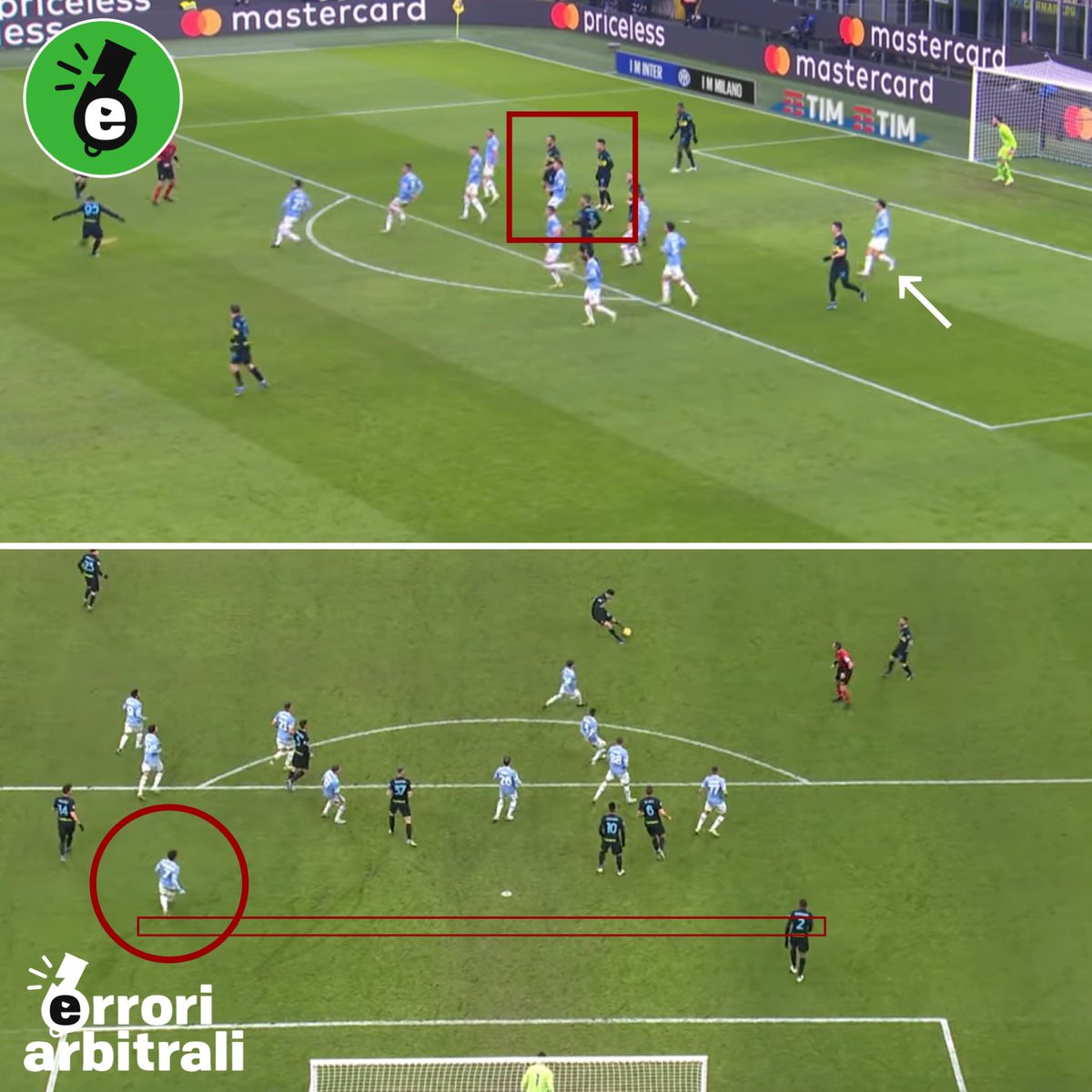 erroriarbitrali's tweet photo. Ragazzi da giorni mi chiedete perché qui la rete di #Bastoni fu invece convalidata: semplice, perché i giocatori davanti alla linea di visione del portiere sono tenuti in gioco dal difensore laterale. Dumfries è fuori dallo specchio. Con #Bennacer non c’entra nulla. 

#InterMilan https://t.co/OgZRddsmYU