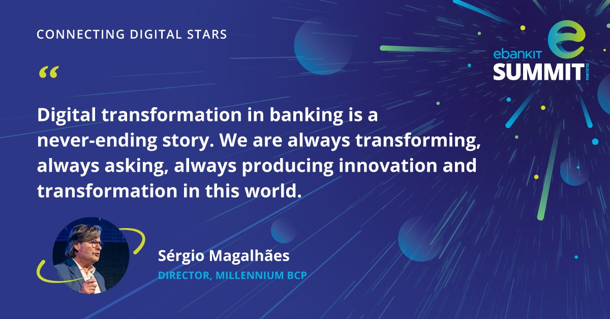 e_bank_it's tweet photo. Digital transformation can be a tough challenge for financial institutions. At the ebankIT Summit, Sérgio Magalhães shared light on the key topics that retail banks must tackle when embracing it. Watch the full presentation here: https://t.co/MNZCJ2JkQR
#ebankITsummit #banking https://t.co/kNq5L0Qgb9