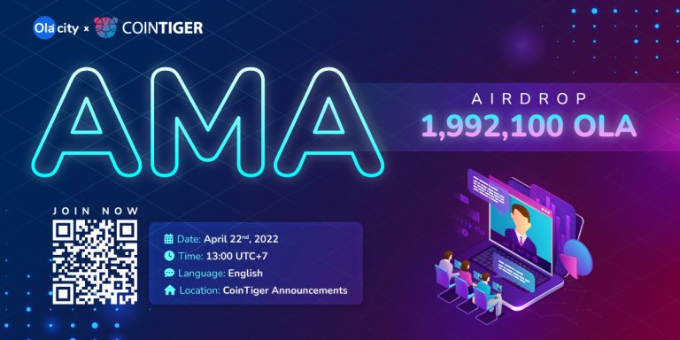 OlaCityOfficial's tweet photo. AMA live program about #OLAToken through Live chat on Telegram at #CoinTiger Announcements
 
⏰06:00 AM (UTC) on April 22, 2022
 
💰Reward: Airdrop 1,992,100 OLA
 
🌟More information: https://t.co/mPBFtrV5W9 https://t.co/XfhH0fumfJ