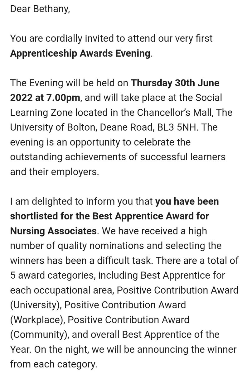 Bethany Smith (@bethanysmithnar) on Twitter photo Soooo, Ive been nominated for another award! π Thank you <a href="/BoltonUni/">University of Greater Manchester</a> <a href="/NurAssociates/">Nursing Associates</a> <a href="/MRI_Ward9/">MRI Ward 9</a> I'm very honoured and a little bit shocked. I'm only just getting over the #SNTA nomination.. Not sure what ive done to deserve this but I'm very grateful! Soooo, Ive been nominated for another award! π Thank you <a href="/BoltonUni/">University of Greater Manchester</a> <a href="/NurAssociates/">Nursing Associates</a> <a href="/MRI_Ward9/">MRI Ward 9</a> I'm very honoured and a little bit shocked. I'm only just getting over the #SNTA nomination.. Not sure what ive done to deserve this but I'm very grateful!
