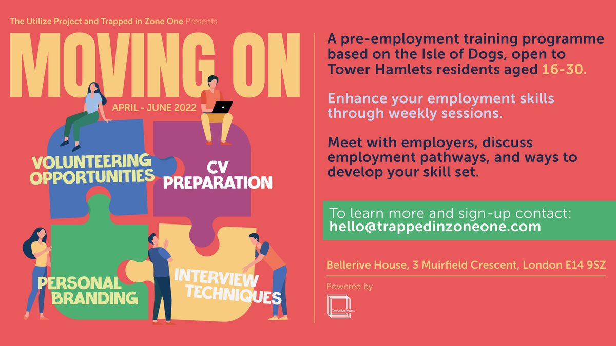 Trapped in Zone One (@trappedzoneone) on Twitter photo 📢 Register to our new pre-employment programme #MovingOn with <a href="/TheUtilize/">The Utilize Project</a> in the Isle of Dogs, offering FREE support and guidance to enhance your skills with weekly in-person sessions to <a href="/TowerHamletsNow/">Tower Hamlets Council</a> residents aged 16-30.
➡️ bit.ly/3vwI3xT 📢 Register to our new pre-employment programme #MovingOn with <a href="/TheUtilize/">The Utilize Project</a> in the Isle of Dogs, offering FREE support and guidance to enhance your skills with weekly in-person sessions to <a href="/TowerHamletsNow/">Tower Hamlets Council</a> residents aged 16-30.
➡️ bit.ly/3vwI3xT