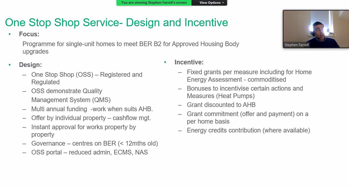 icsh_ie's tweet photo. Stephen Farrell @SEAI_ie on the #onestopshop providers. Bar is very high. Capable and responsible professional retrofitters who can demonstrate ability to scale-up delivery. Currently 5 #onestop providers on the @SEAI_ie website. More to come... #ICSH retrofitting webinar. https://t.co/A8y805e4f6
