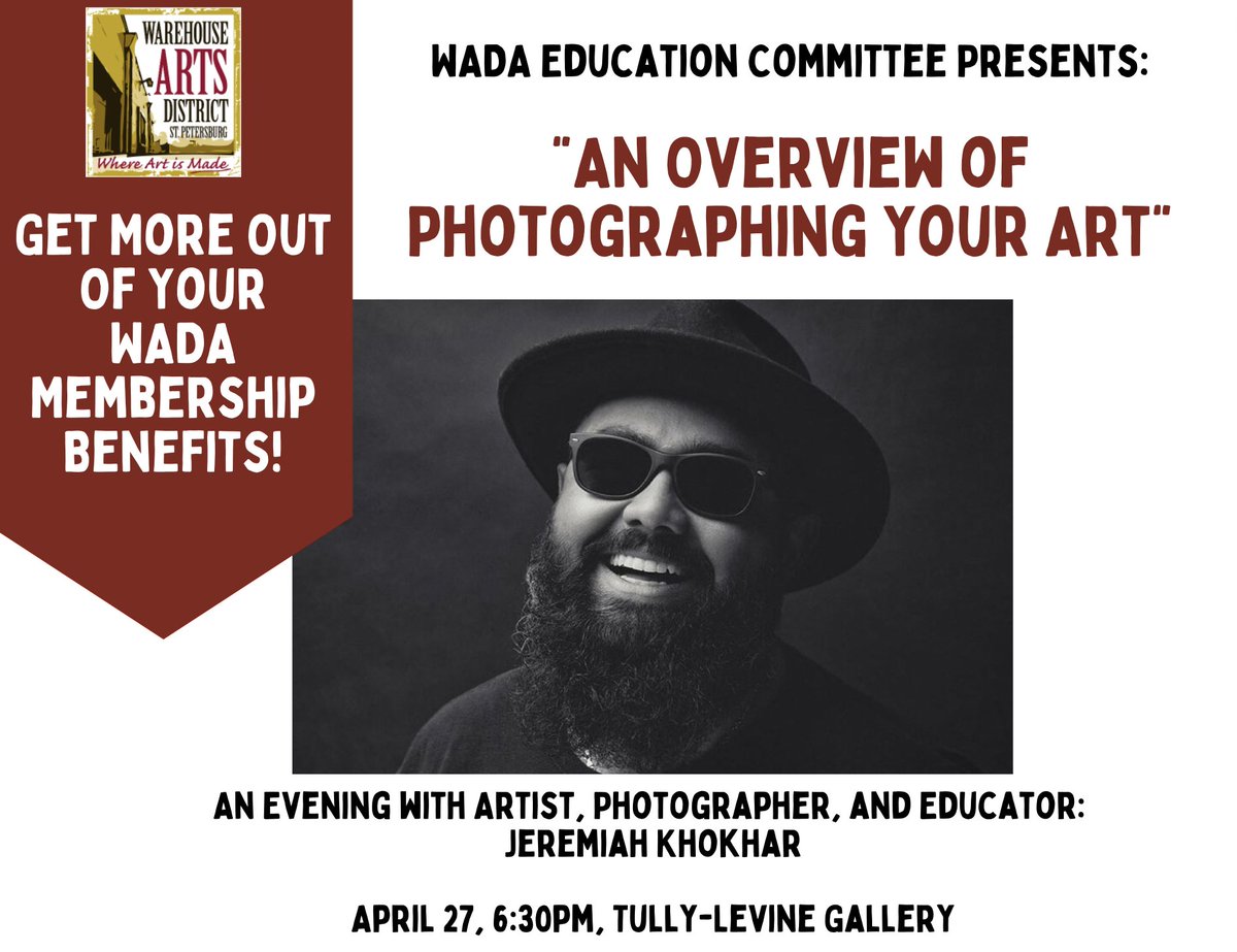 WarehouseArtsSP's tweet photo. The WADA Education Committee presents: An Evening with Jeremiah Khokhar, Artist, Photographer, Educator. You'll get the chance to learn about the concepts and processes of photographing your art. Register NOW! FREE for WADA Members! https://t.co/CYZe5kfZ1i https://t.co/9fV6riHrau