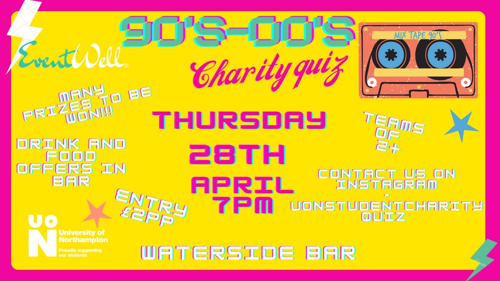 EthNorthampton's tweet photo. Quiz night in aid of EventWell Charity and will be a 90' early 2000's theme quiz night with a cake stand, multiple rounds, raffle prizes, and a first, second, and third place winners.
Where - Waterside Bar
When - 28th April 7 pm https://t.co/1Nwqad3ZyL