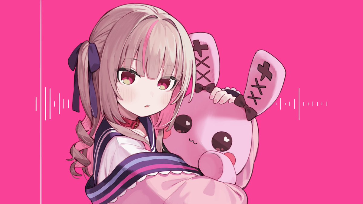 makaino ririmu 1girl stuffed toy solo stuffed animal pink background stuffed bunny pink jacket  illustration images