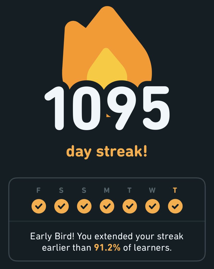 KayoSmada's tweet photo. 3-year streak on @duolingo today! やった! https://t.co/xssxNqzpnB