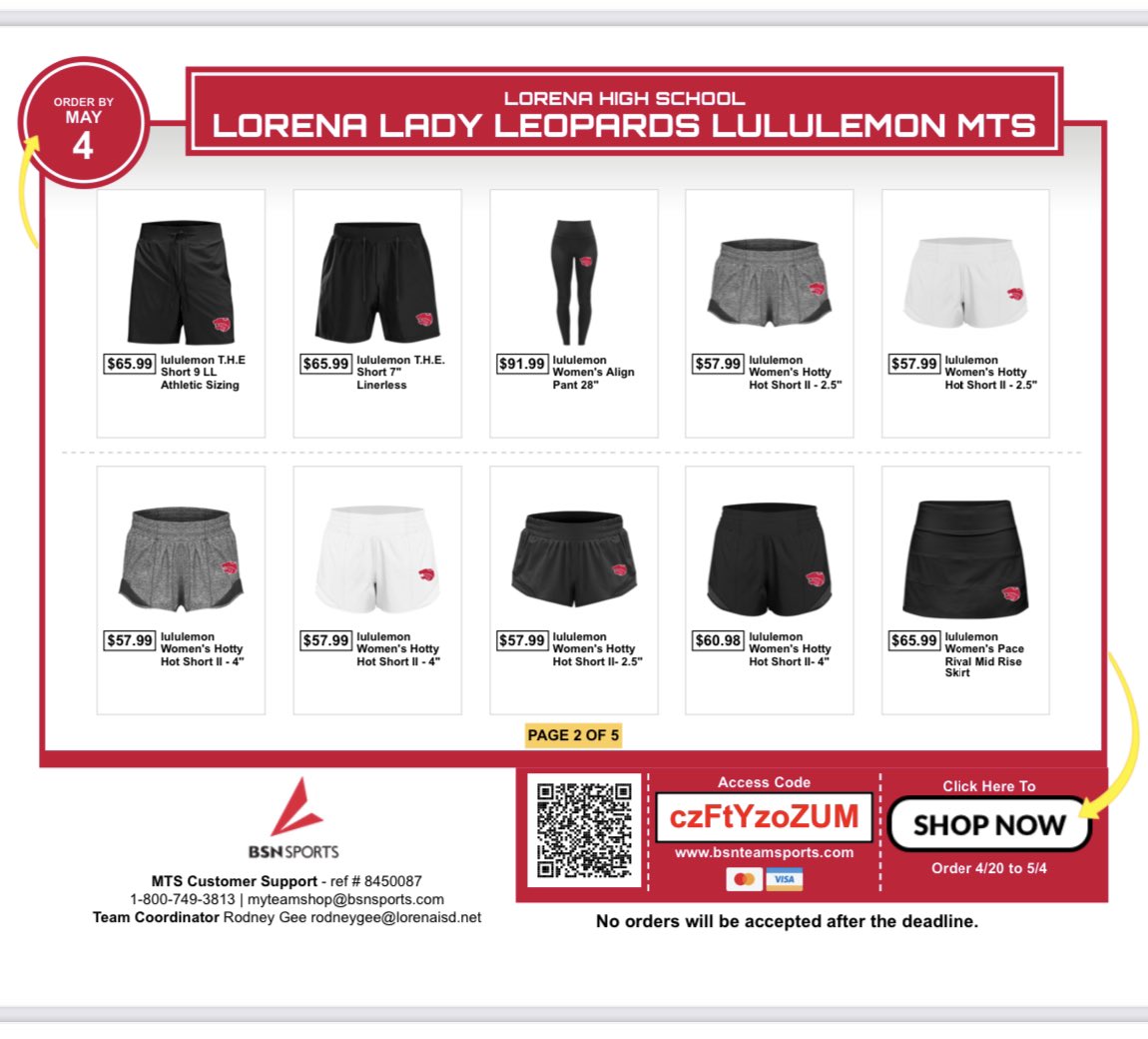 Lorena Lady Leopards have started their Lululemon Spirit Shop. There are over 38 items for men and women available. Shop ends May 4!