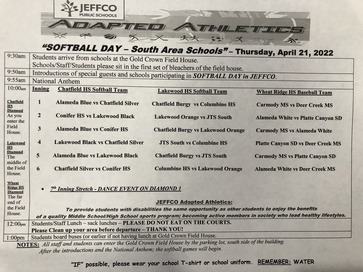 Bryan Wickoren (@blwickoren) on Twitter photo <a href="/JeffcoAthletics/">Jeffco Athletics</a> Adapted event-Softball Day-South Area schools - hosted by <a href="/GoldCrownCO/">Gold Crown Foundation</a> Field House; Pitch, Hit, Run, & Score!! Thanks to <a href="/chatfieldsenior/">ChatfieldSeniorHigh</a> softball & <a href="/Farmersbasebal/">WRHS Baseball</a> teams for volunteering! <a href="/JeffcoSchoolsCo/">Jeffco Public Schools</a> <a href="/CHSAANow/">CHSAANow</a> <a href="/9Preps/">9NEWS Prep Sports</a> <a href="/SHAPE_Colorado/">SHAPE Colorado</a> <a href="/MLB/">MLB</a> <a href="/AdaptedSports/">Adapted Sports</a> <a href="/JeffcoAthletics/">Jeffco Athletics</a> Adapted event-Softball Day-South Area schools - hosted by <a href="/GoldCrownCO/">Gold Crown Foundation</a> Field House; Pitch, Hit, Run, & Score!! Thanks to <a href="/chatfieldsenior/">ChatfieldSeniorHigh</a> softball & <a href="/Farmersbasebal/">WRHS Baseball</a> teams for volunteering! <a href="/JeffcoSchoolsCo/">Jeffco Public Schools</a> <a href="/CHSAANow/">CHSAANow</a> <a href="/9Preps/">9NEWS Prep Sports</a> <a href="/SHAPE_Colorado/">SHAPE Colorado</a> <a href="/MLB/">MLB</a> <a href="/AdaptedSports/">Adapted Sports</a>