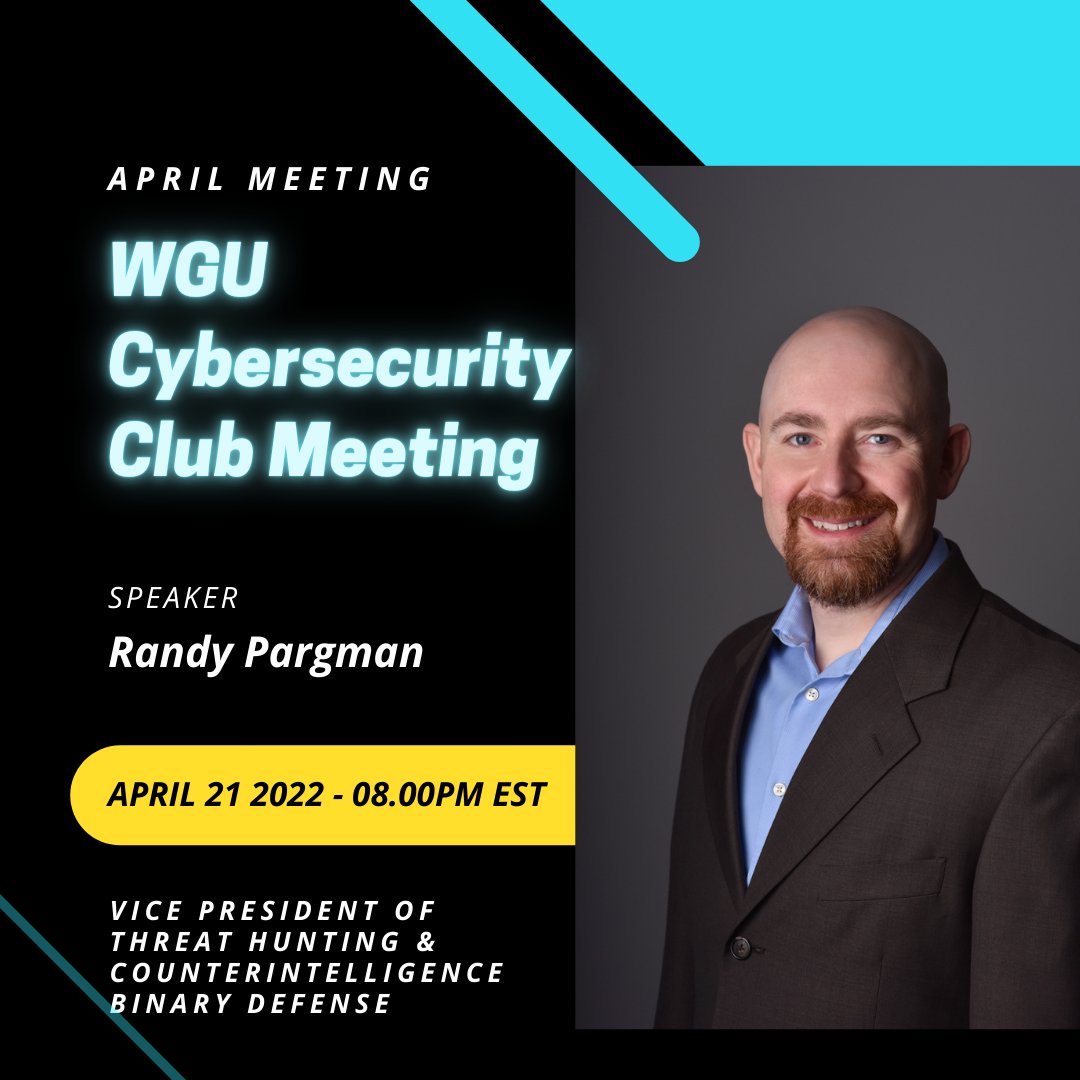 WGUCyberClub's tweet photo. Today is the WGU Cybersecurity Club monthly meeting! 

We are excited to welcome @rpargman as our club meeting speaker this month! 

WGU students who wish to join, first join the club, then you'll find the details on Khoros and Discord for how to join
https://t.co/e5GpcSaiE5 https://t.co/eSPQYG2KAh
