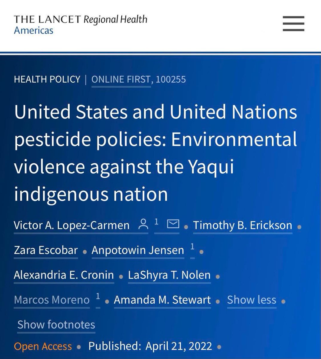 vlocarmen's tweet image. U.S. policies allow the export of highly toxic pesticides banned for domestic use. How does this practice impact Indigenous Peoples' health? We provide some answers &amp;amp; solutions in @LancetRH_Americ, focusing on the Yaqui Nation (my Tribe) in Mexico. 🌏⬇️

thelancet.com/journals/lanam…