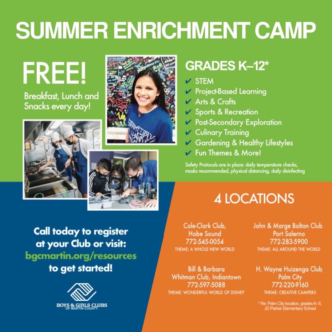 bgcmartincounty's tweet image. Summer break is just around the corner, and it's not too late to register your child for one of our summer enrichment camps. Open and FREE for ALL kids K-12, we strive to give every child the best summer ever by offering an interactive curriculum and many different experiences.